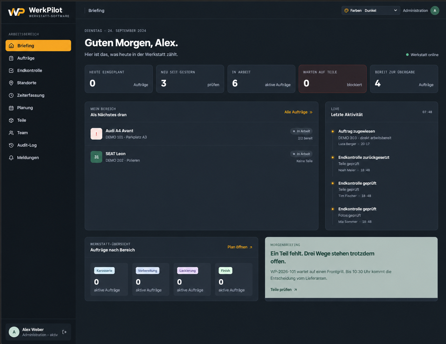 WerkPilot: Dashboard & Briefing – bearbeitete Ansicht mit Demodaten