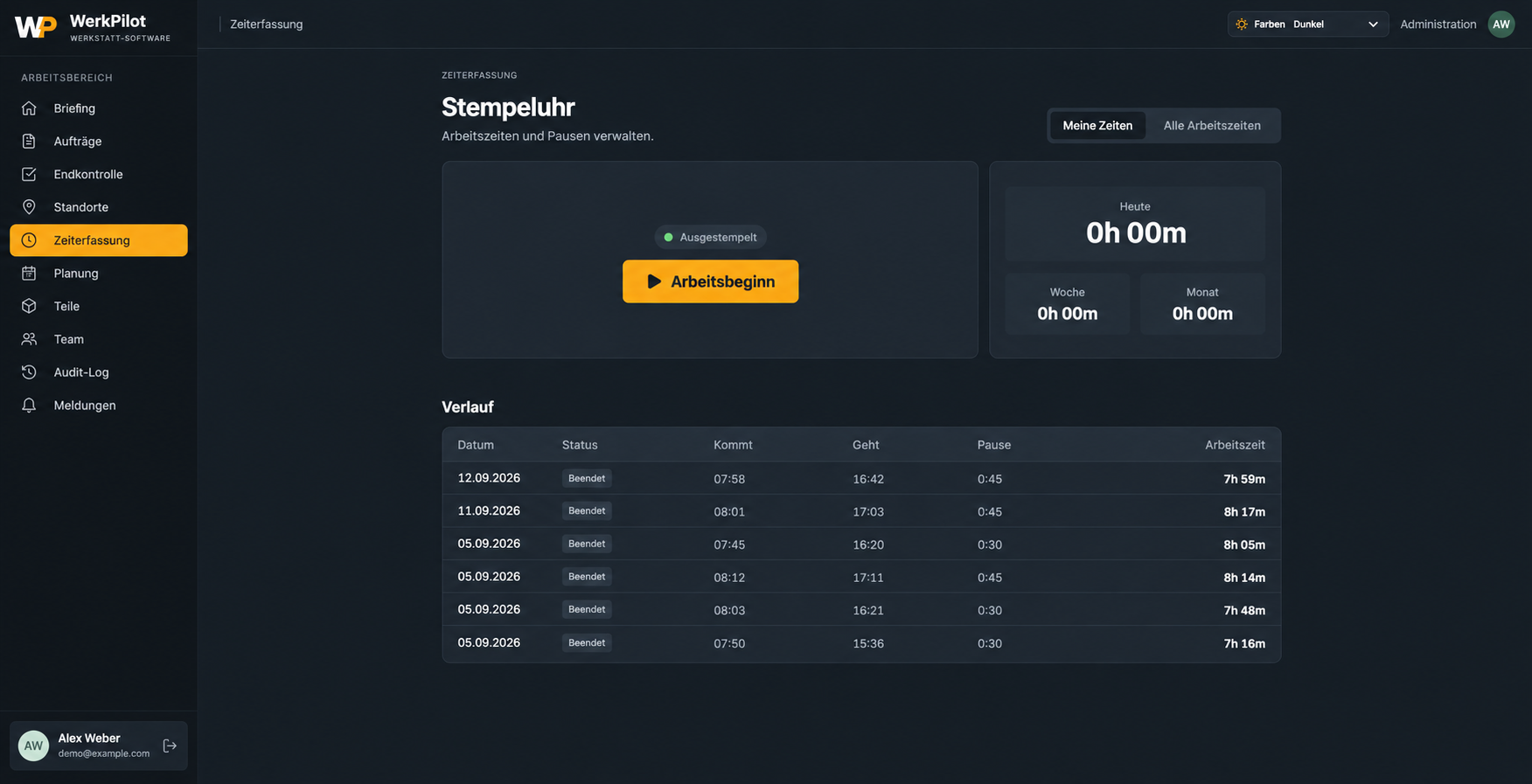 WerkPilot: Stempeluhr – bearbeitete Ansicht mit Demodaten