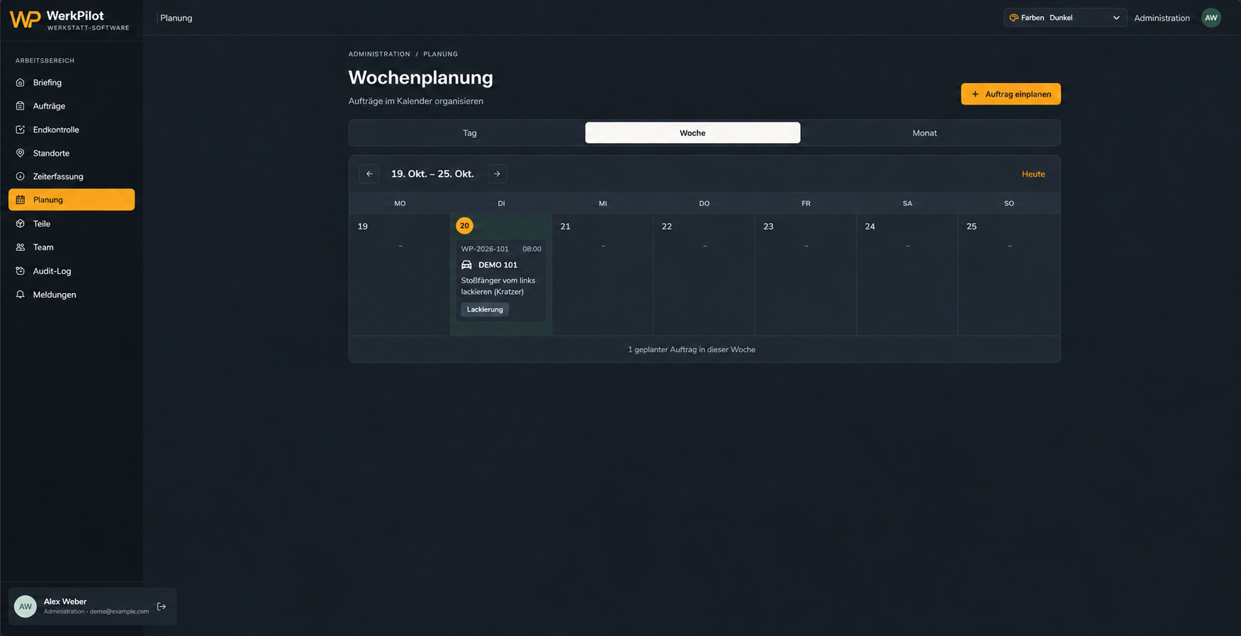 WerkPilot: Wochenplanung – bearbeitete Ansicht mit Demodaten