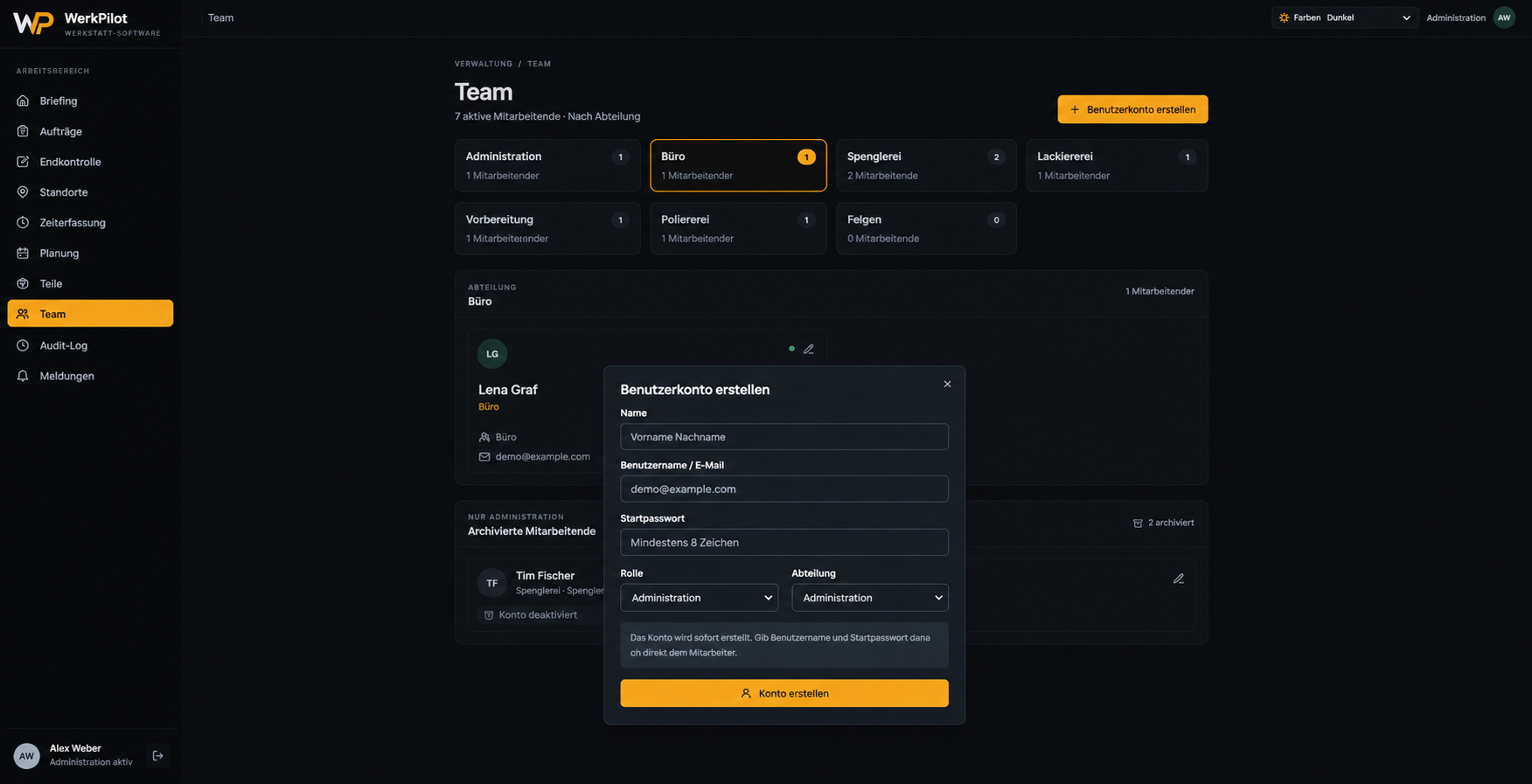 WerkPilot: Benutzerkonto erstellen – bearbeitete Ansicht mit Demodaten